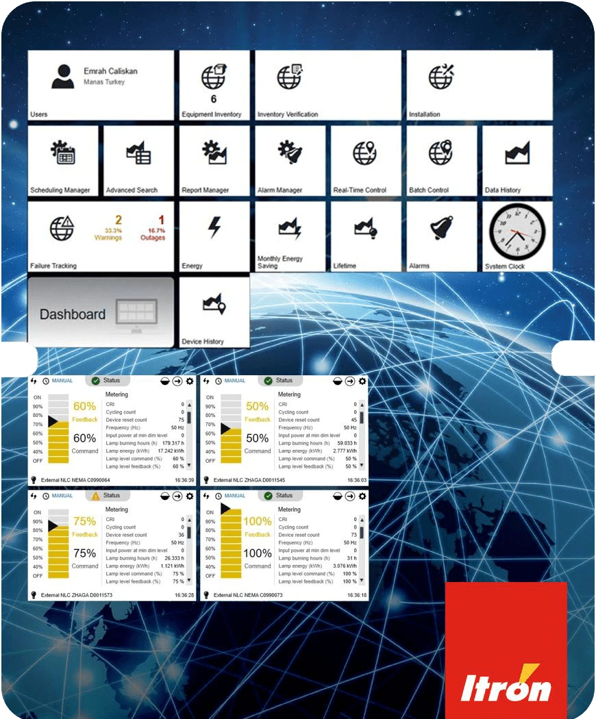 Itron CityEdge interface with reporting, alarm management, scheduling, real-time control and device status views