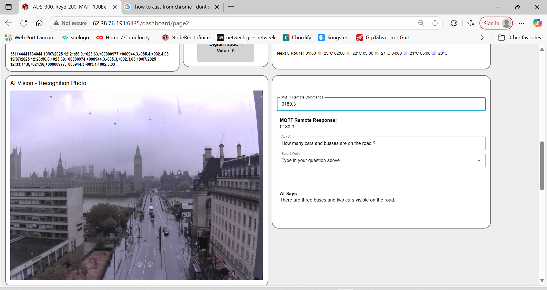 Node-RED AI image-recognition example showing Big Ben and Westminster, a question about cars and buses, and the AI response