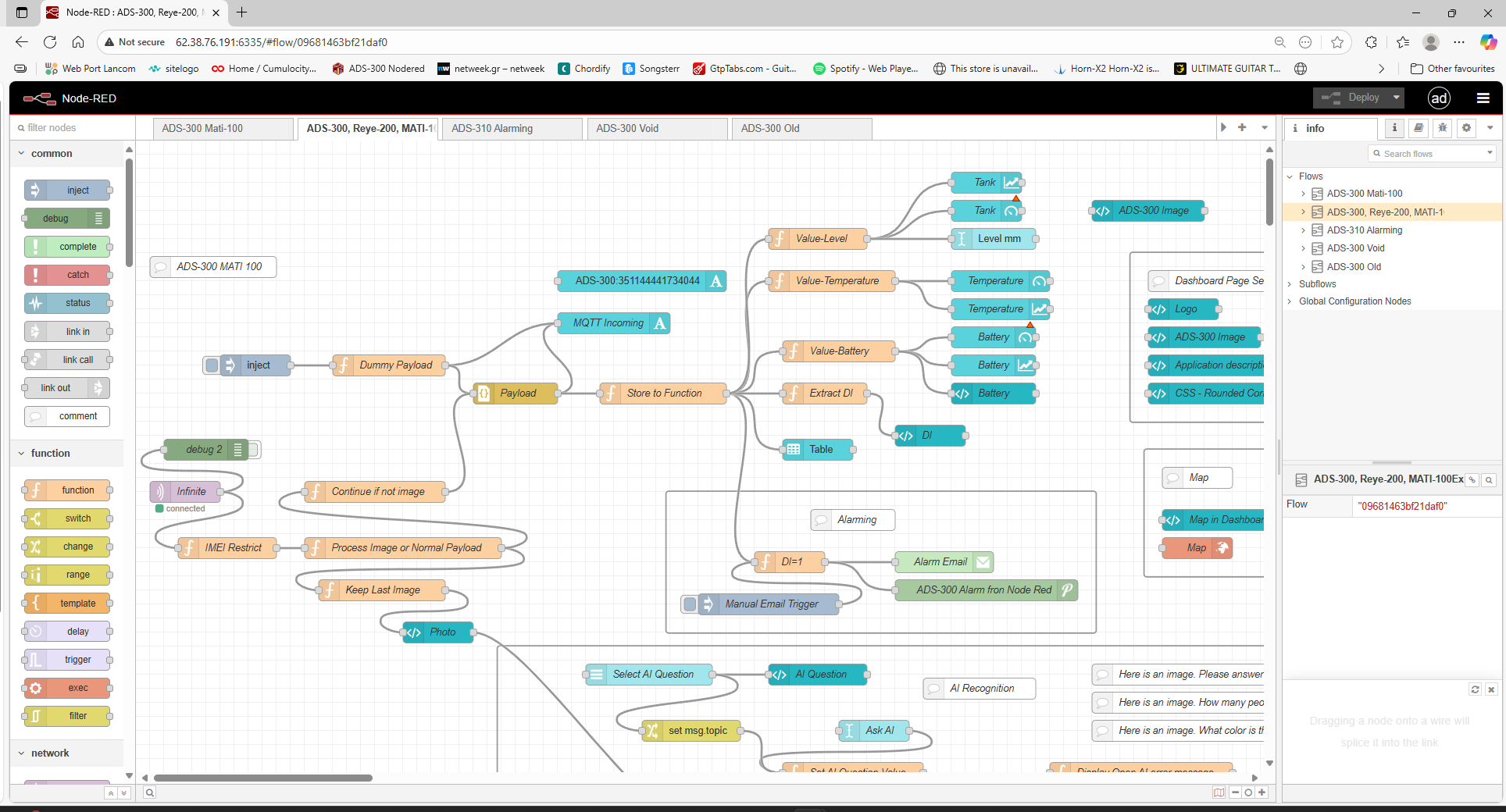 Node-RED visual flow for Infinite ADS-300, with MQTT input, measurement processing, dashboard outputs and alarm logic
