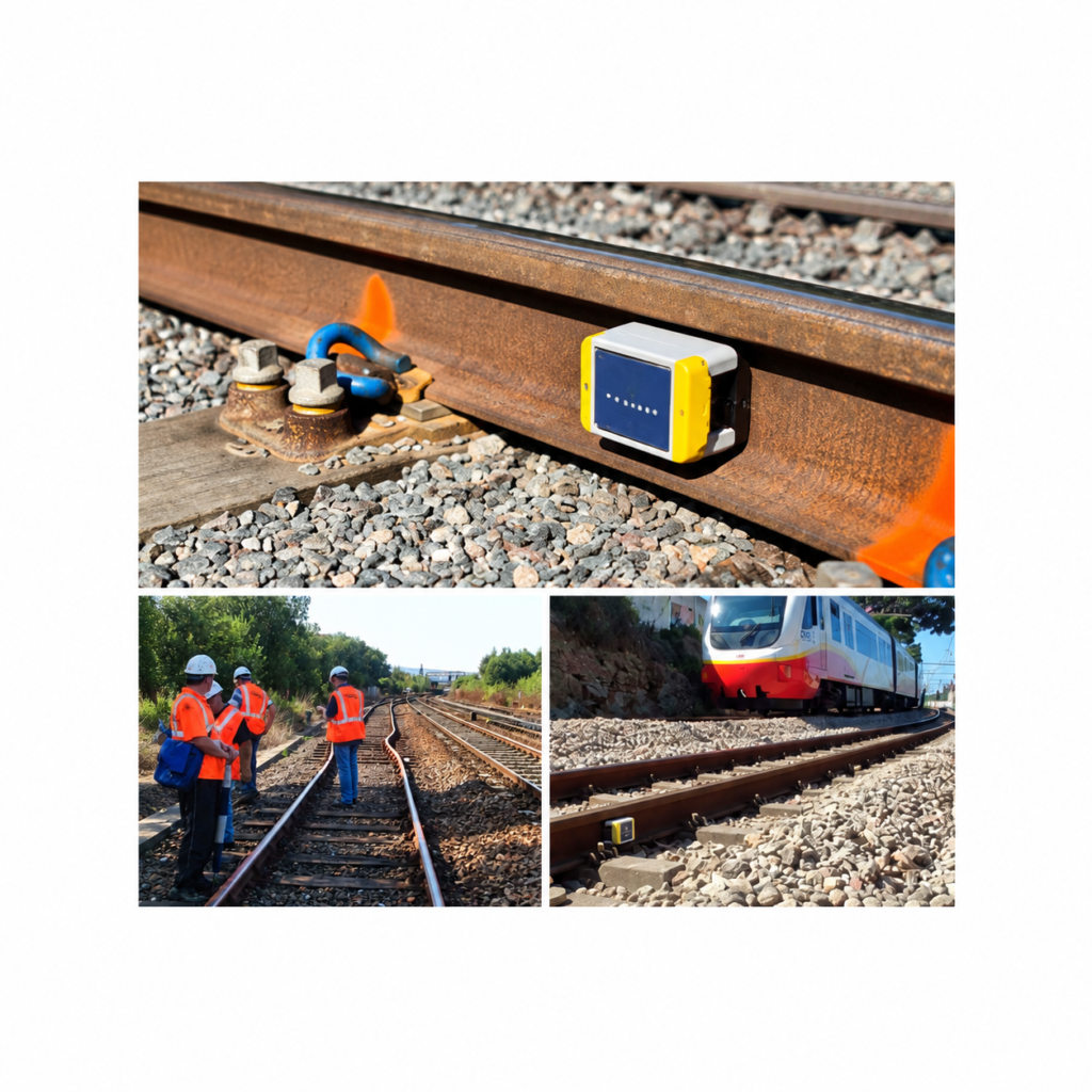 Rail temperature and track movement monitoring using rail-mounted telemetry and appropriate temperature and tilt sensors.